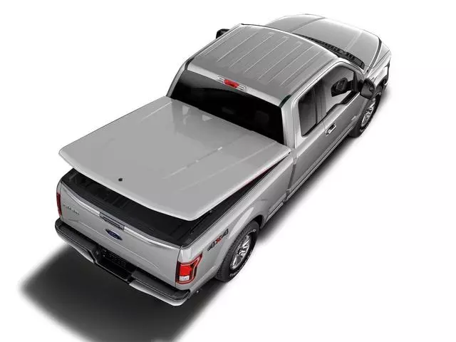 Bow one-piece hinged tonneau cover open on a Ford F-150